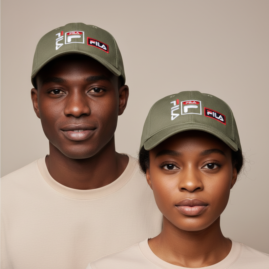 Nigerian male and female models wearing olive green Fila embroidered baseball cap