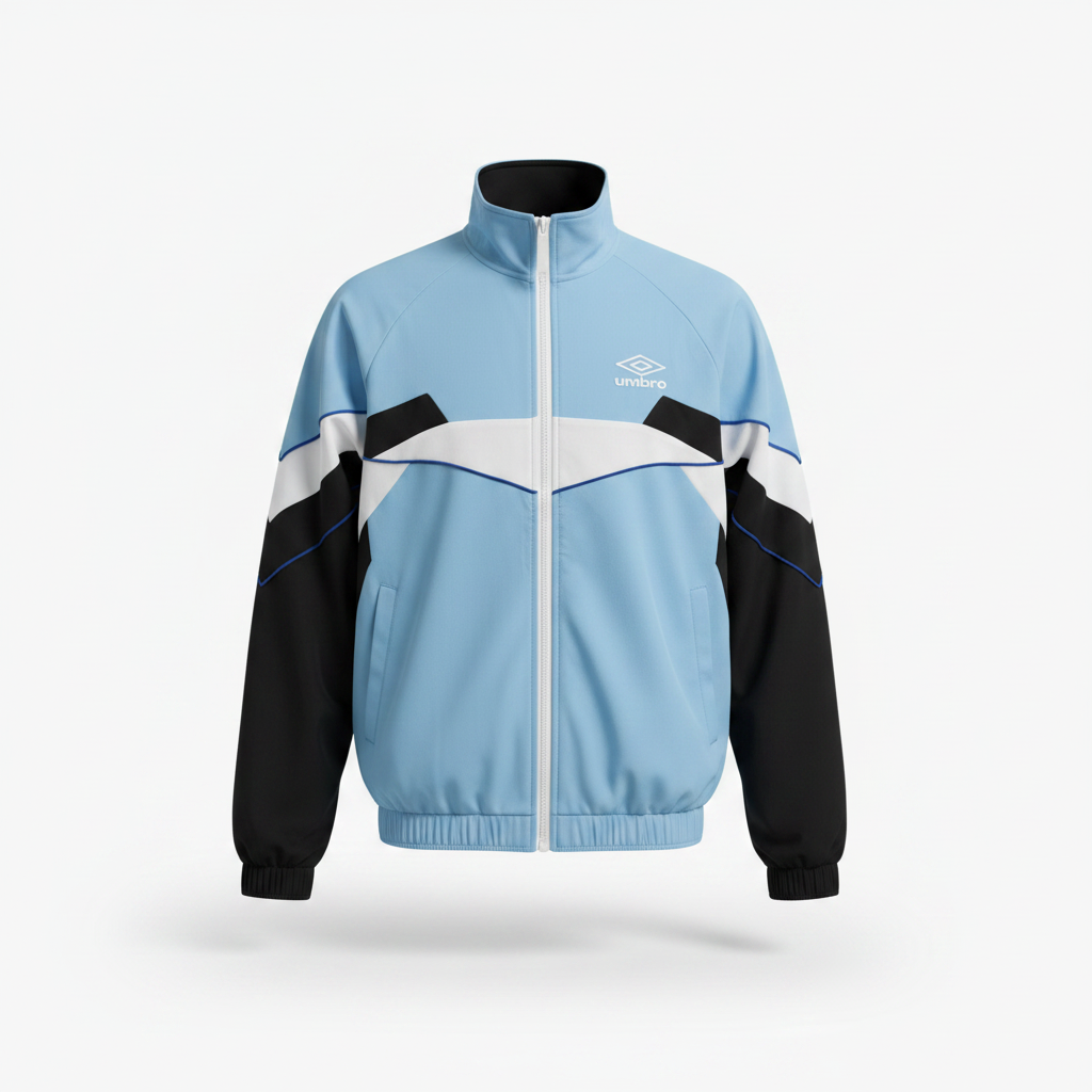 Ghost mannequin view of the light blue and black colourblock track jacket