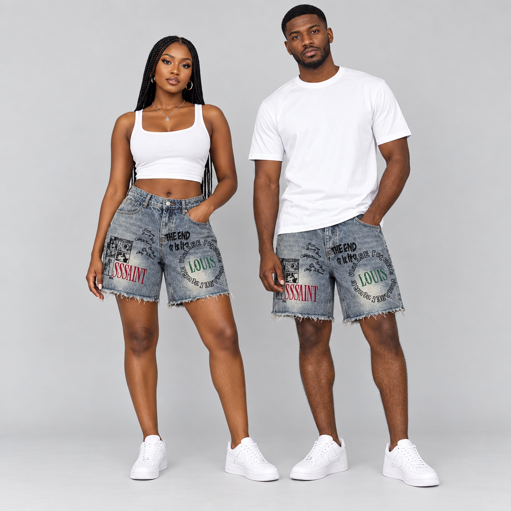 Woman and man together in light grey-blue graphic denim shorts