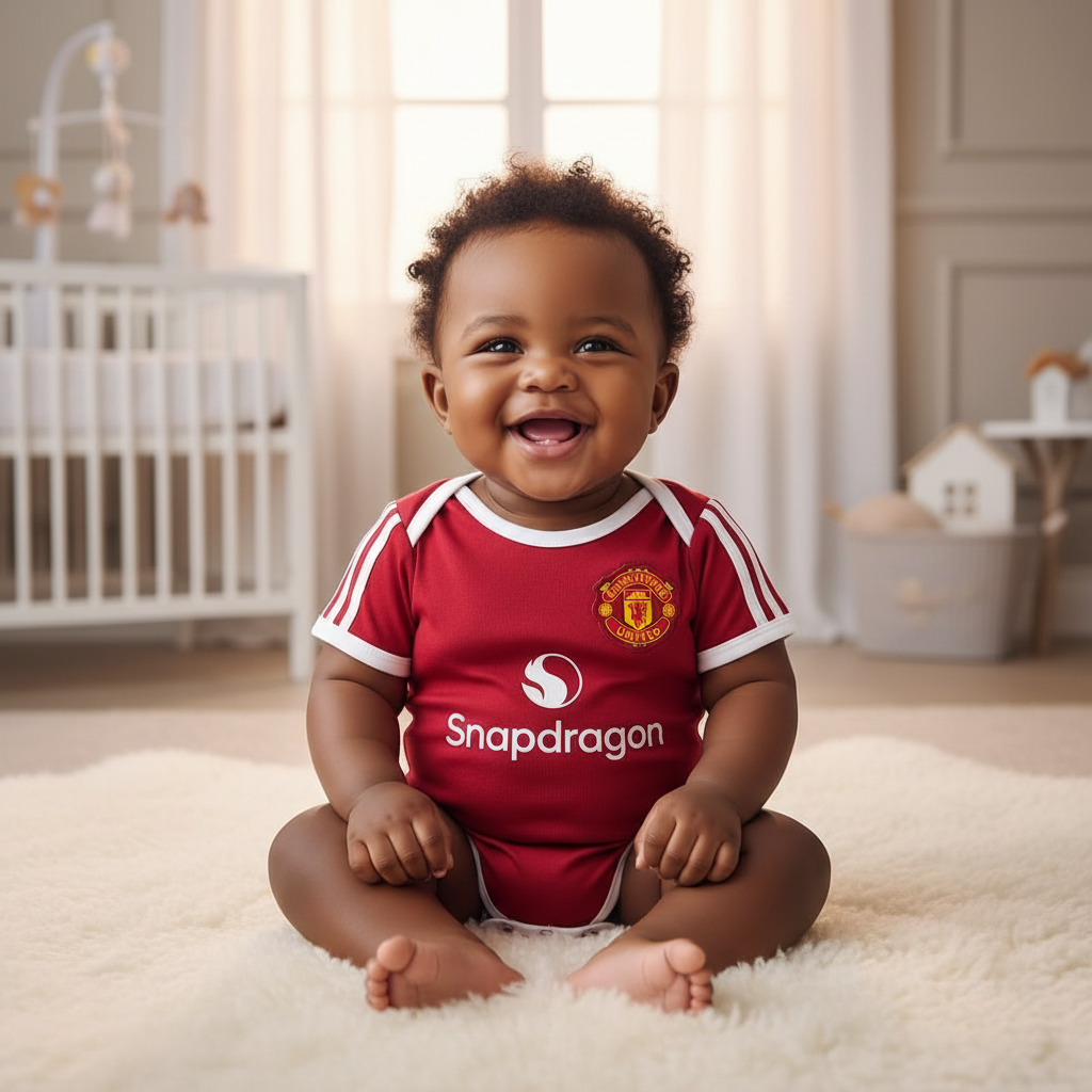 Nigerian baby wearing red & white football romper bodysuit lifestyle shot