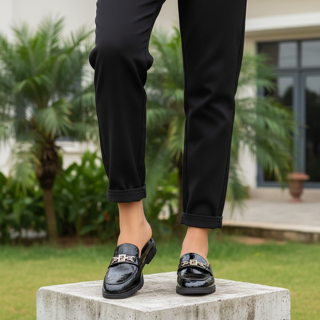 Nigerian female model wearing black patent chain mule slippers leg focus shot