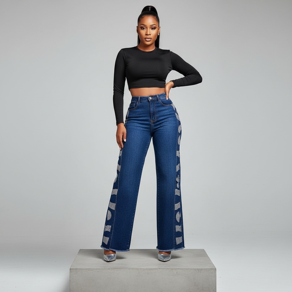 Nigerian Female Model – Rhinestone Wide-Leg Trousers