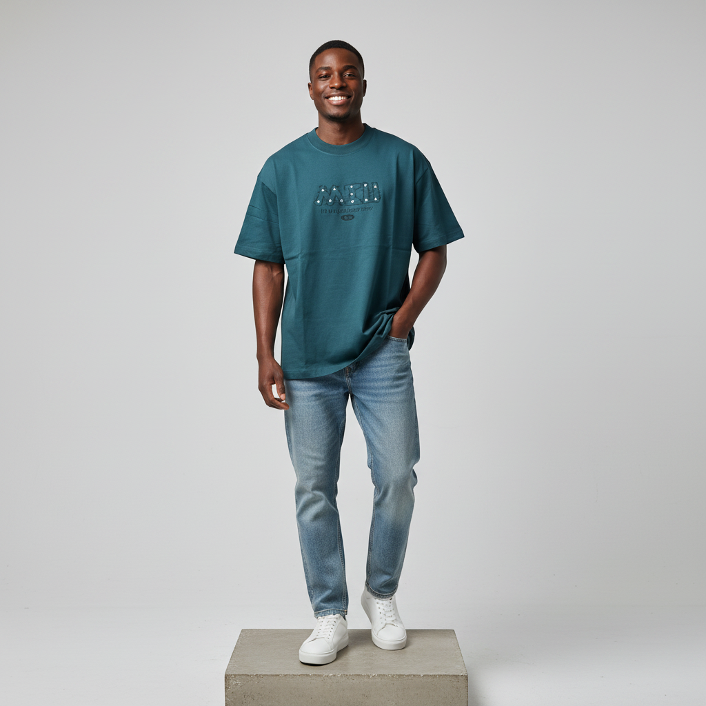 Teal NAFU Graphic Oversized Tee - Male Model Front