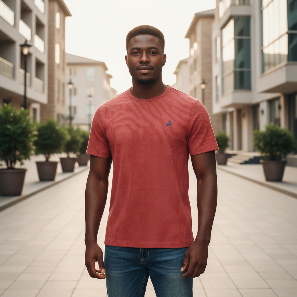 Ribbed Embroidered Tee – Nigerian Male Model Front View