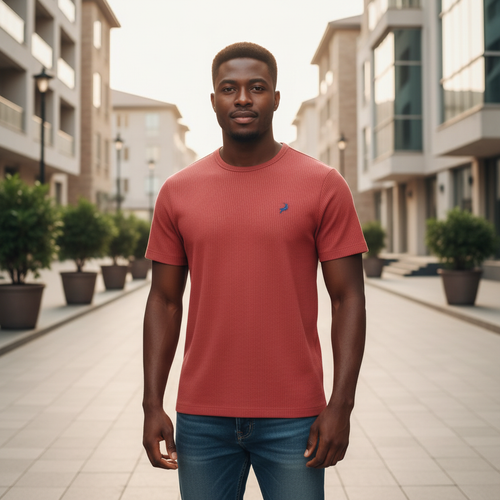 Ribbed Embroidered Tee – Nigerian Male Model Front View