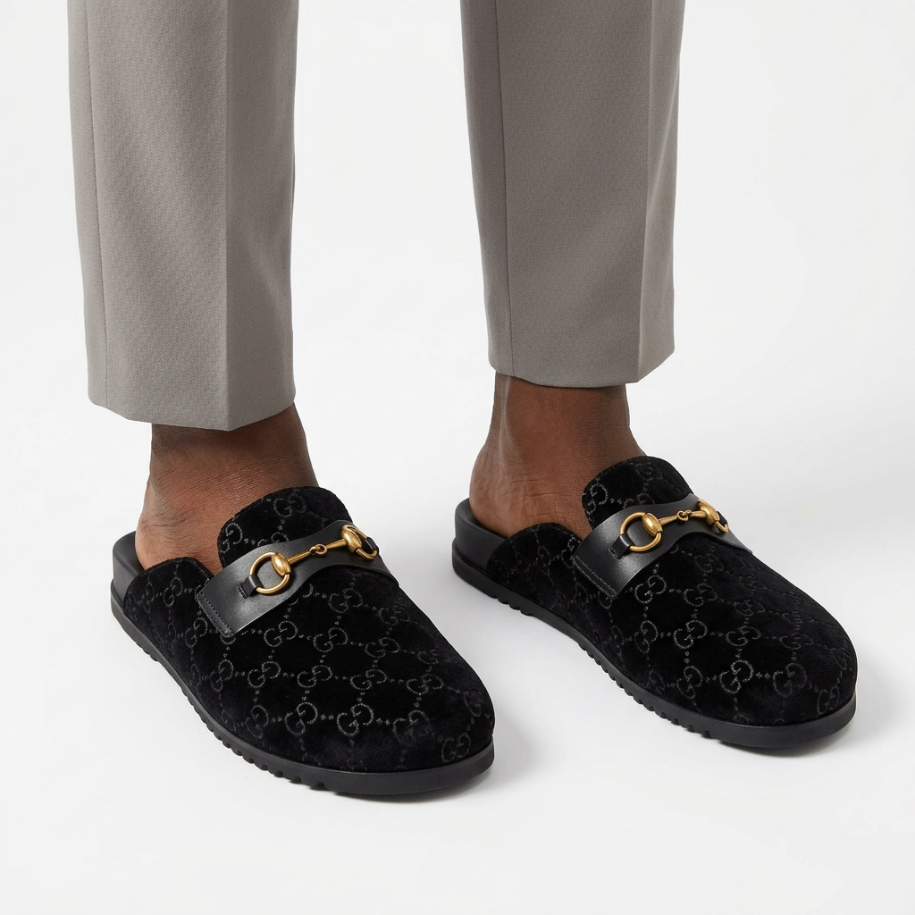 Both black monogram horsebit mules worn by a Black male model on white