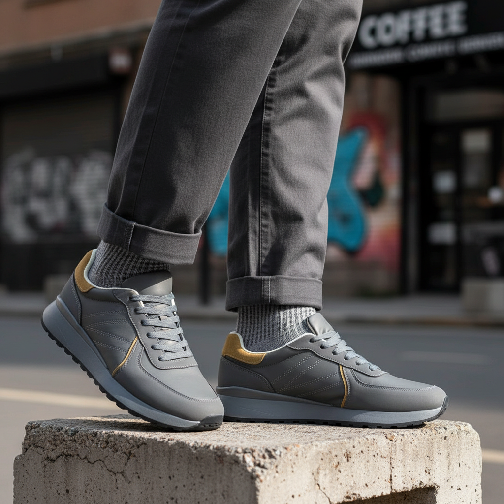 Model wearing slate grey leather retro runner sneakers with mustard heel leg shot