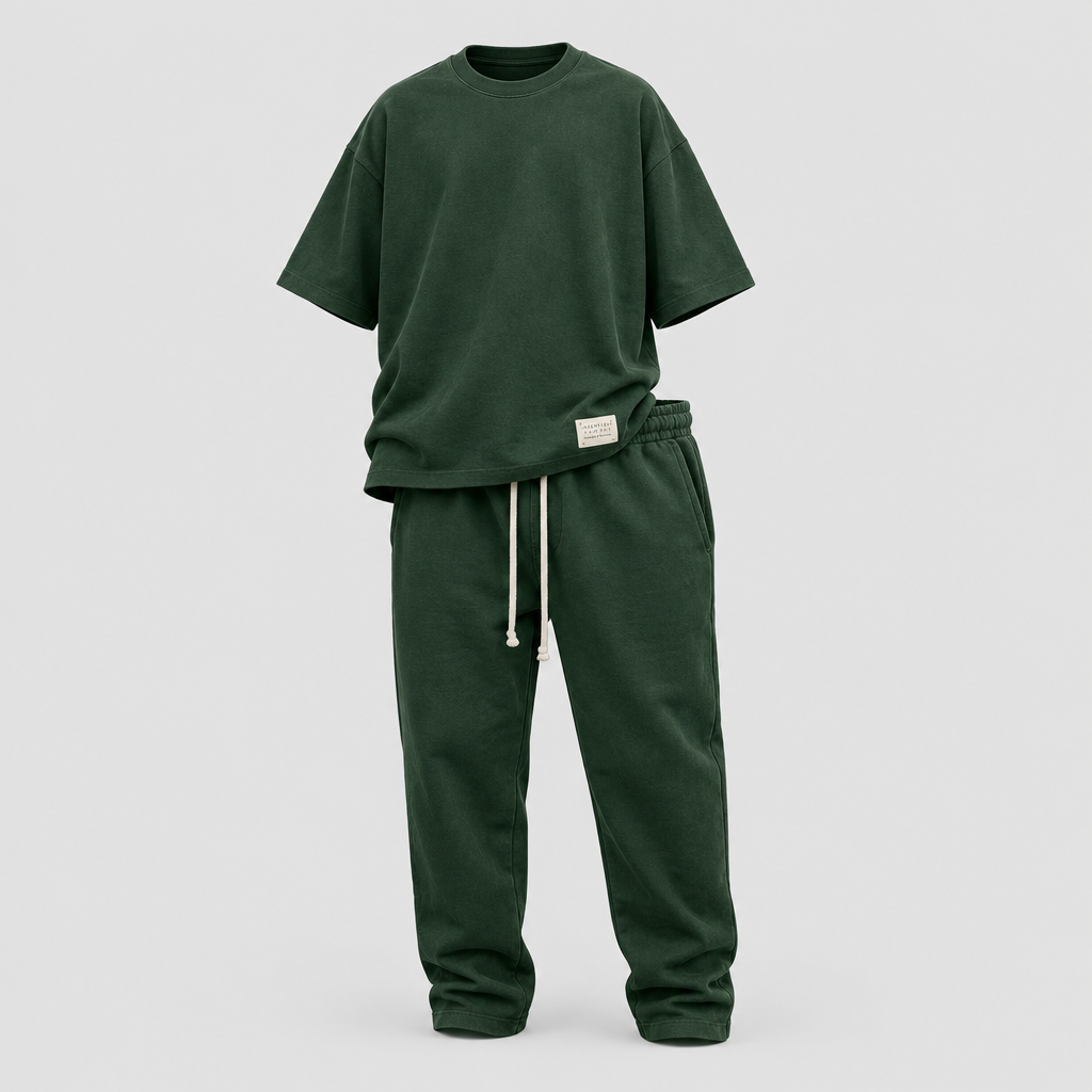 Dark green oversized t-shirt and jogger tracksuit set, ghost mannequin front view
