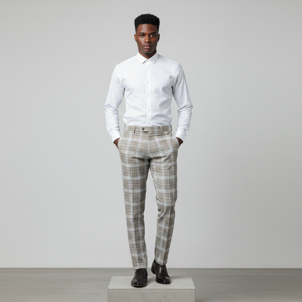 Beige Grey Plaid Trousers – Front Model