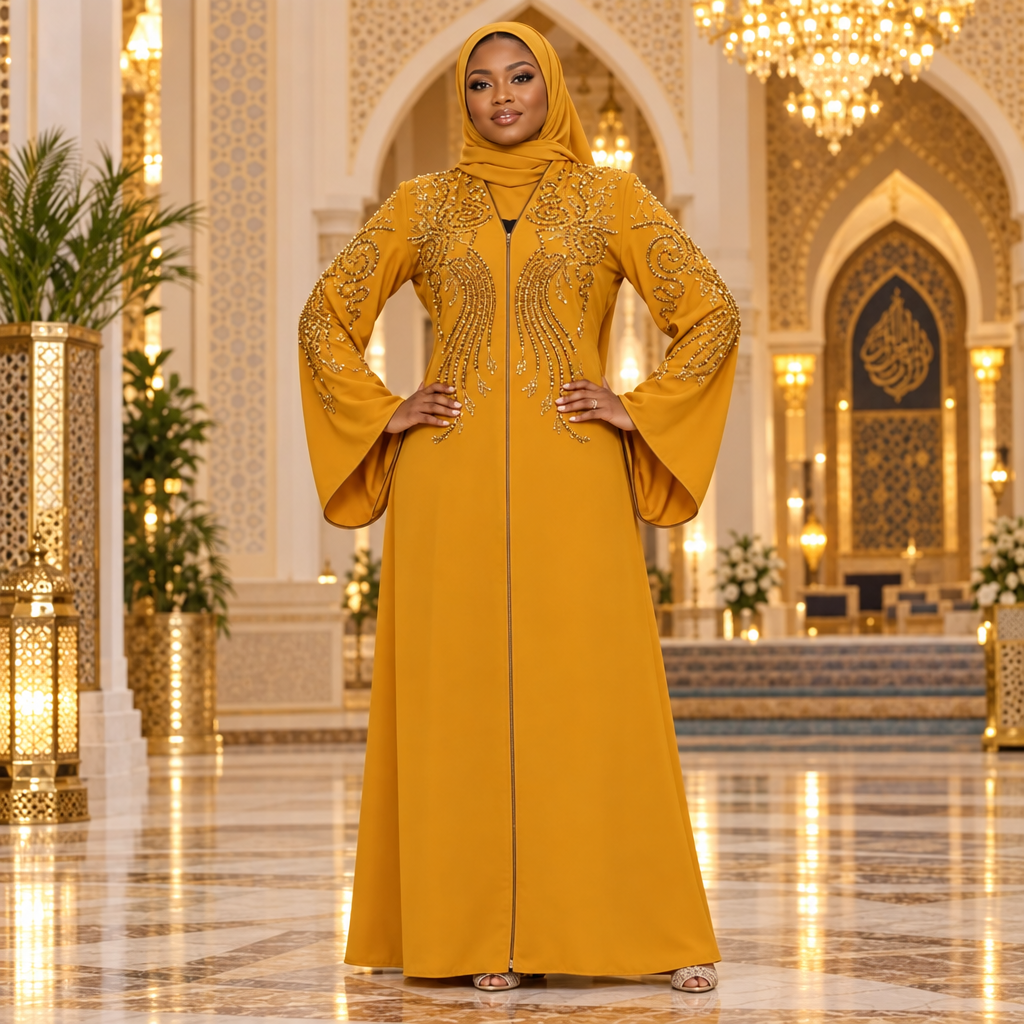 Young Nigerian Muslim woman wearing mustard gold embroidered abaya in elegant mosque or party venue