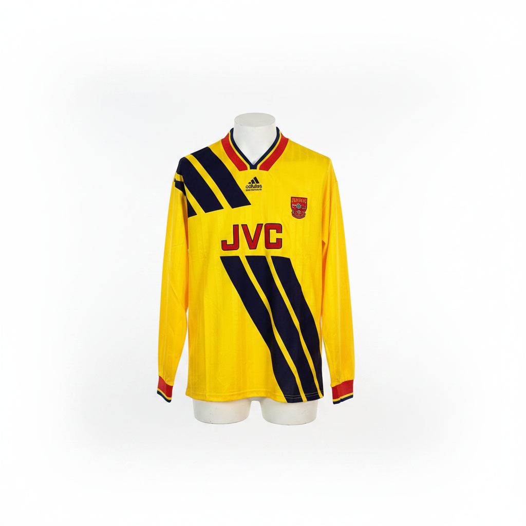 Yellow and navy diagonal-stripe long-sleeve retro football jersey with red V-neck collar, ghost mannequin front view