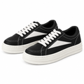 Pair of black triangle-panel contrast-stitch sneakers on white