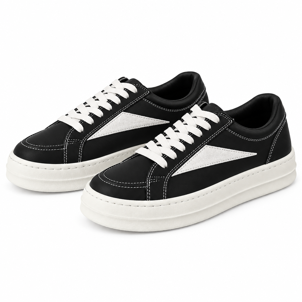 Pair of black triangle-panel contrast-stitch sneakers on white
