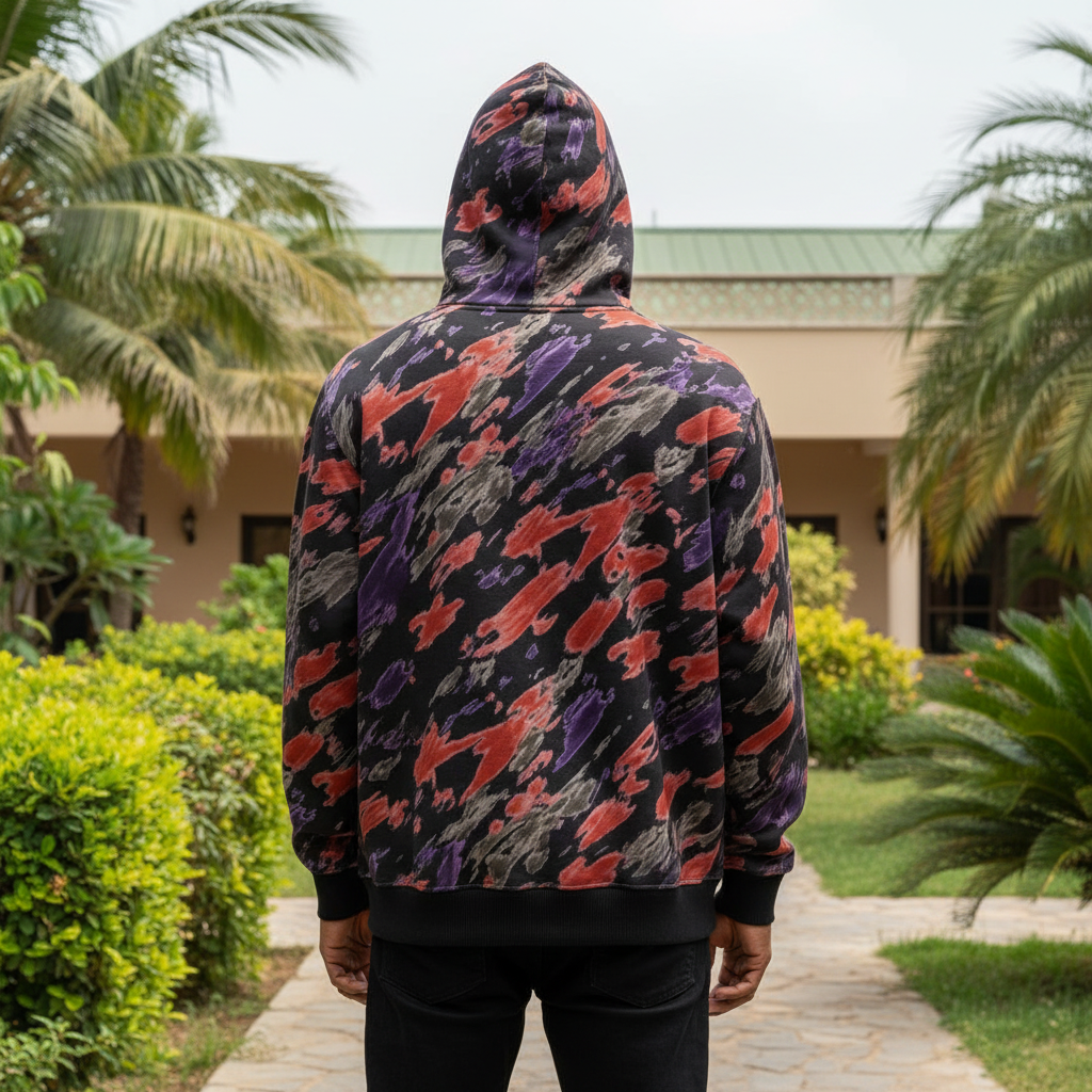 Abstract camo hoodie back view on Nigerian male model