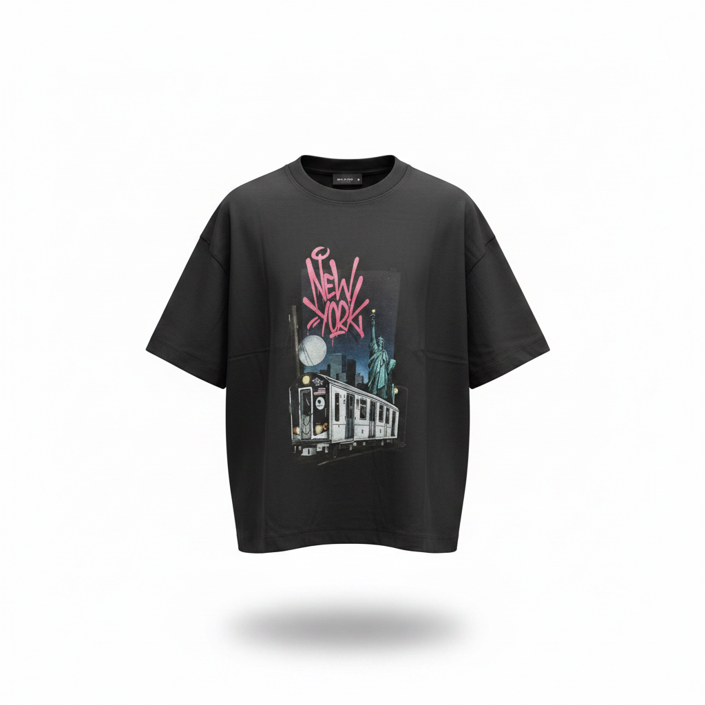 Unisex Black New York Graphic Oversized Tee - Ghost Mannequin Front View