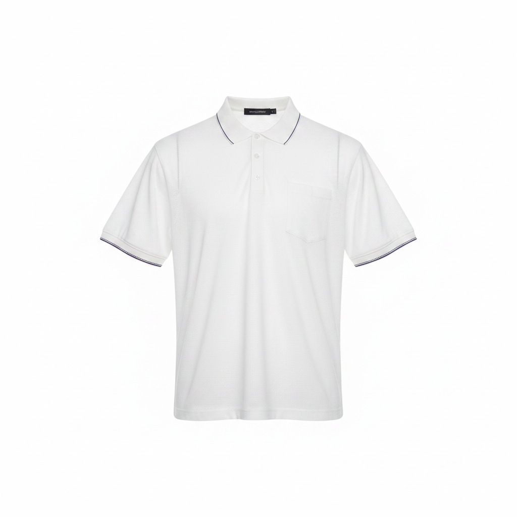White Textured Piqué Navy-Tipped Polo Shirt - Ghost Mannequin