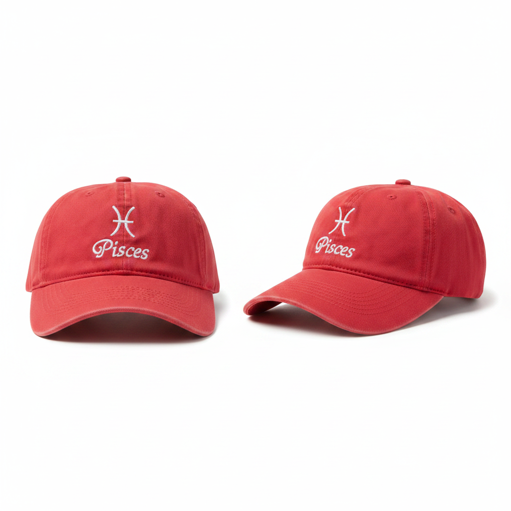 Red coral Pisces zodiac embroidered dad cap ghost mannequin front and side view