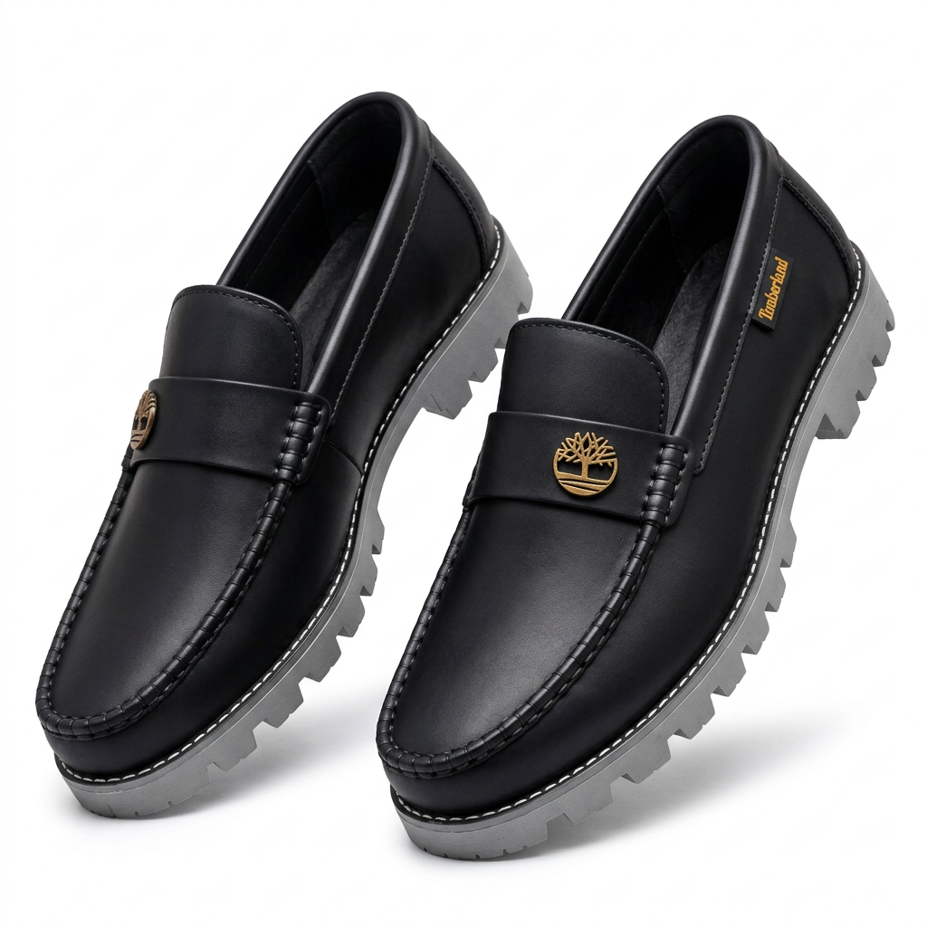 Pair of black gold-emblem loafers with contrasting grey lug soles on white
