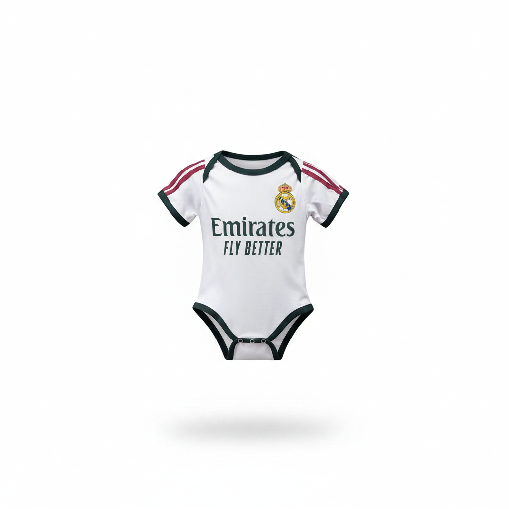 White baby football onesie ghost mannequin front view on white background