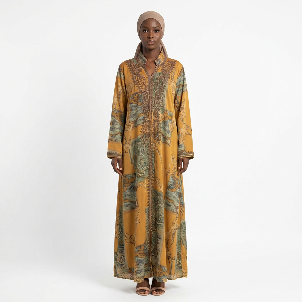 Nigerian female model wearing mustard-gold embellished print abaya against white