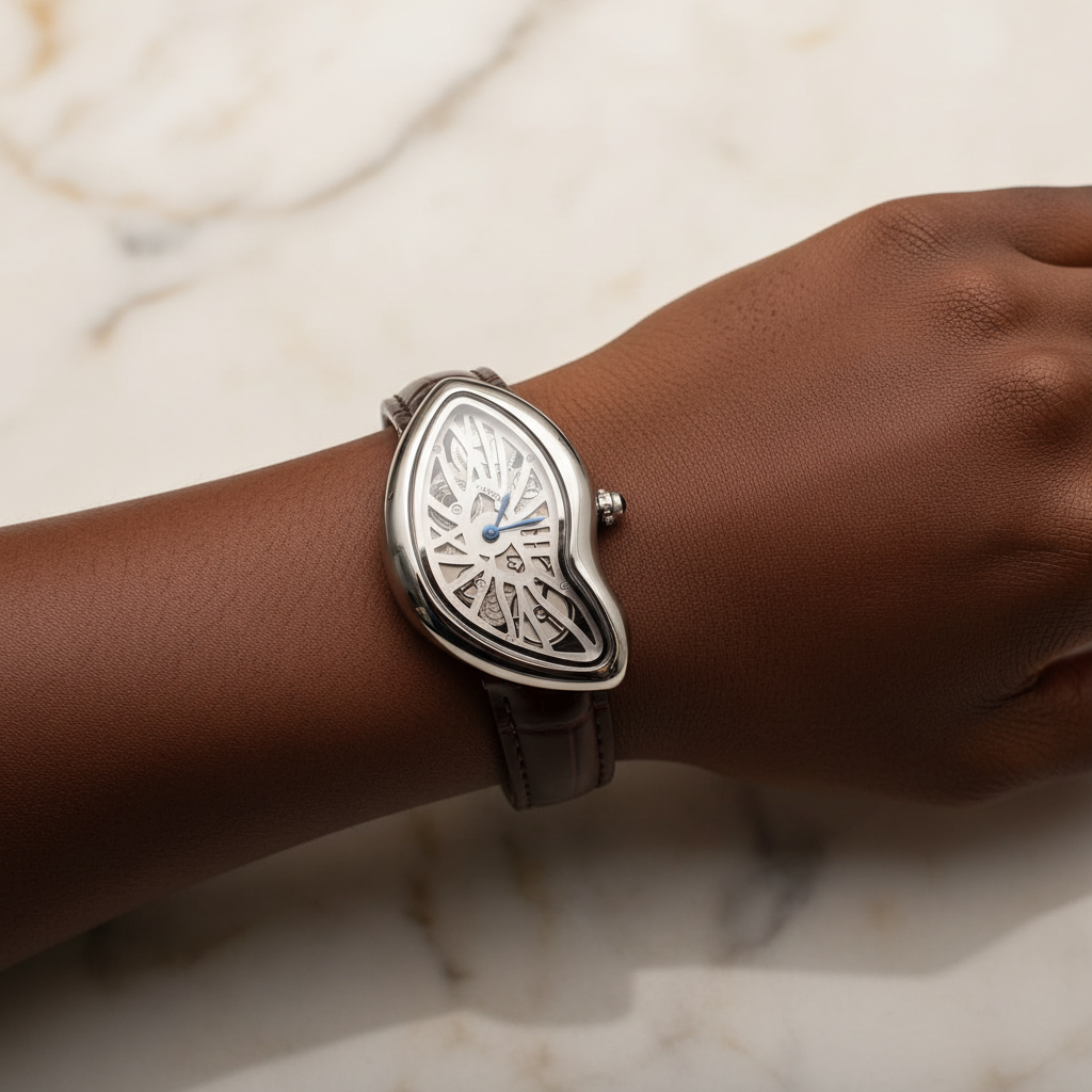 Black Nigerian woman wrist shot wearing asymmetric silver skeleton dial watch with brown strap