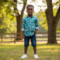 Boys Teal Geometric Print Shirt - Front View