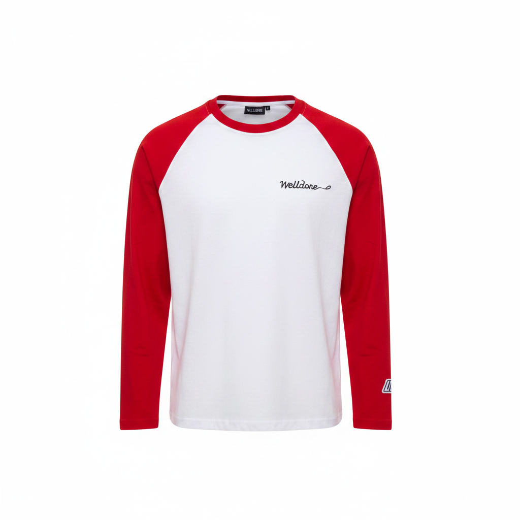 Men's white red raglan script long sleeve shirt ghost mannequin front view
