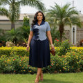 Women's Steel Blue & Navy Two-Tone Applique Pleated Midi Gown - Nigerian Female Model
