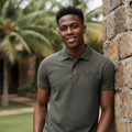 Dark Grey Eagle Crest Polo Shirt on Nigerian male model