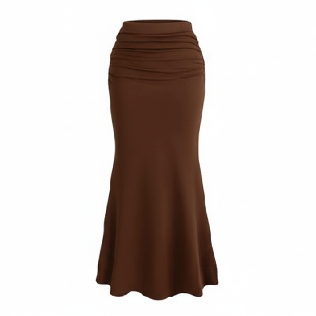Ghost mannequin view of Women's Brown High-Waist Fishtail Mermaid Midi Skirt