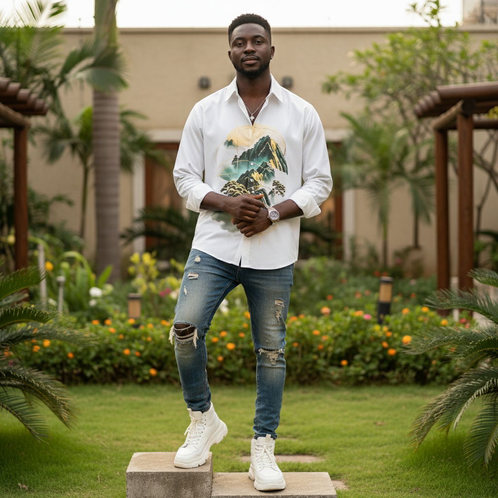 Nigerian male model wearing white Japanese landscape print long-sleeve shirt – full body lifestyle shot