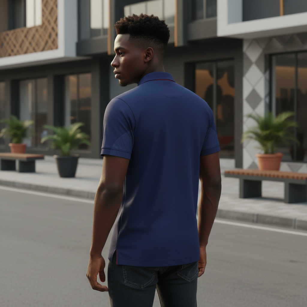 Young Nigerian male model wearing navy blue polo shirt, back view, Nigerian urban background