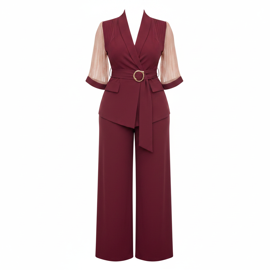 Women's 3/4-sleeve wrap-front belted wide-leg jumpsuit in burgundy – ghost mannequin front view