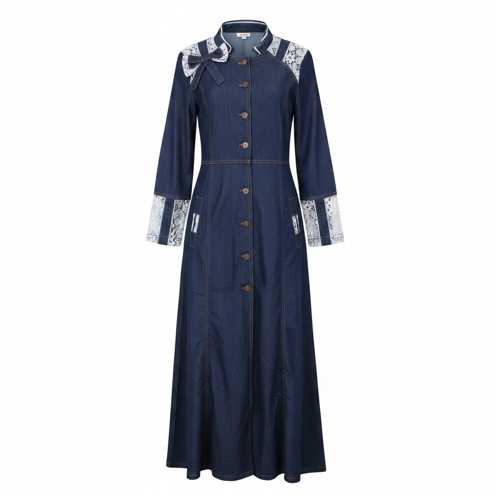 Dark Blue Denim Maxi Dress with Lace Trim - Ghost Mannequin Front