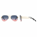 Unisex rimless aviator sunglasses gradient blue grey red tint lens slim gold ornate double-bar bridge black acetate tip temple arms – front and side view