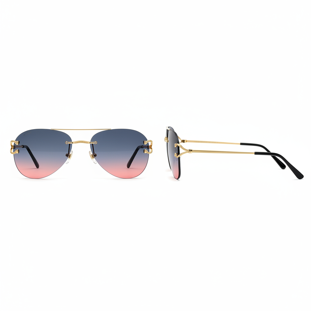 Unisex rimless aviator sunglasses gradient blue grey red tint lens slim gold ornate double-bar bridge black acetate tip temple arms – front and side view