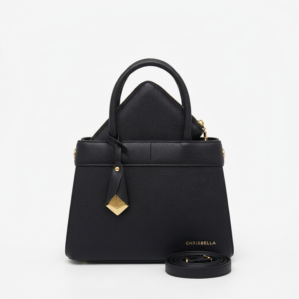 Front view of black textured handbag with gold-tone charm, matching pouch and strap
