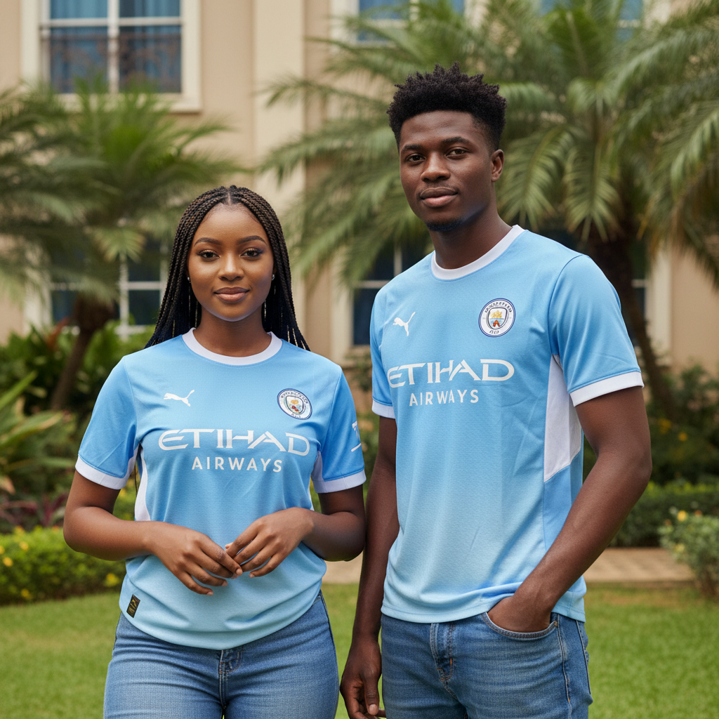 Nigerian female and male models wearing sky blue gradient football jersey