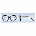 Unisex oversized round black optical eyeglasses with gold hinge detail – front and side view on white background