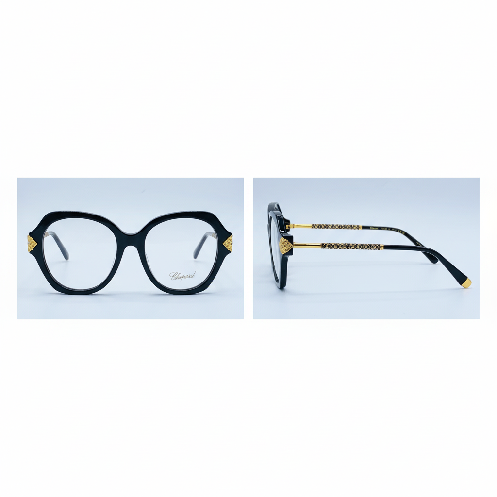 Unisex oversized round black optical eyeglasses with gold hinge detail – front and side view on white background