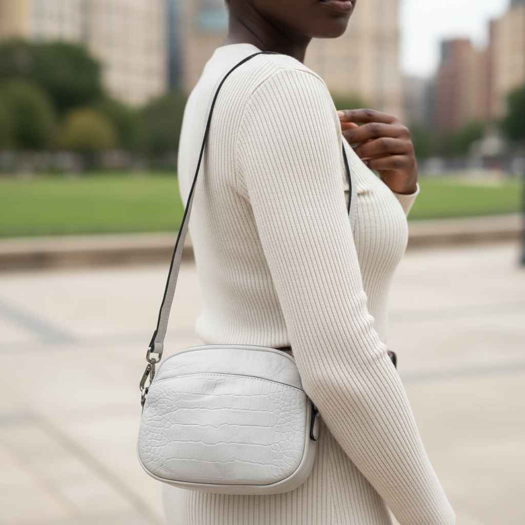 Female model wearing leather crossbody bag