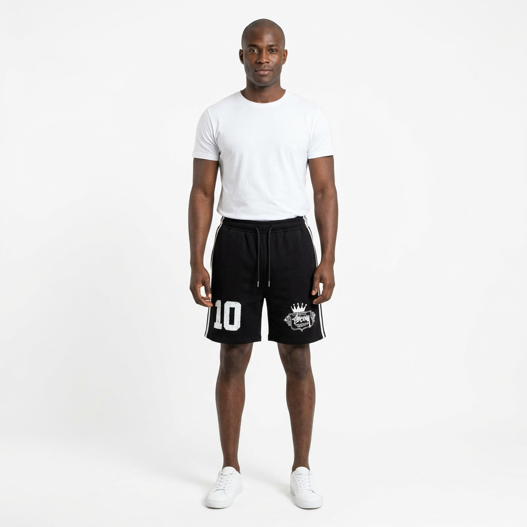 Full-body adult Black man wearing black white side-stripe graphic shorts