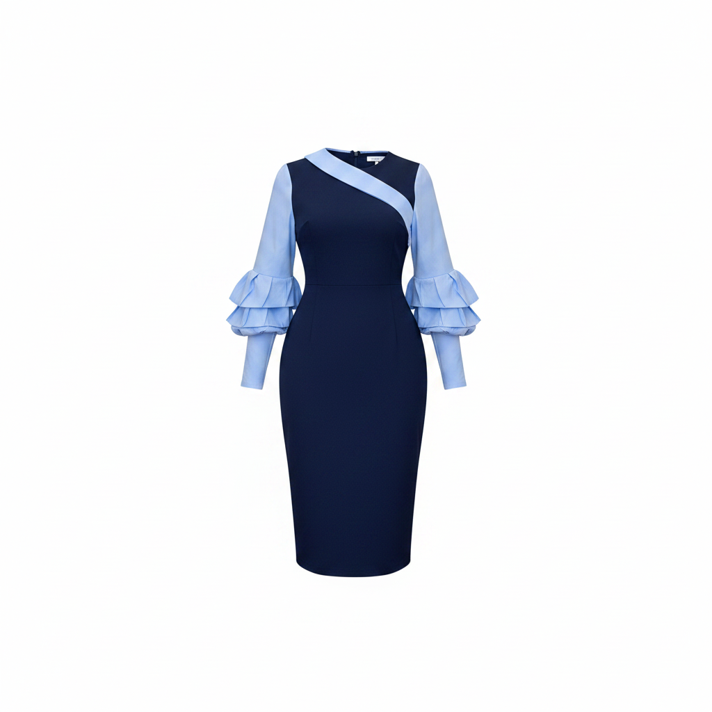 Women's Navy & Light Blue Ruffle-Sleeve Asymmetric-Collar Midi Dress – Ghost Mannequin Front View