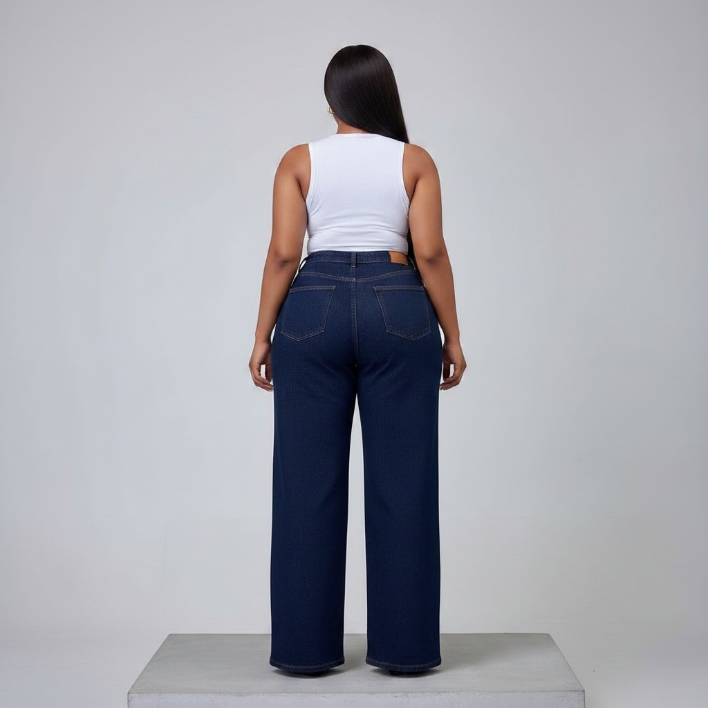 Navy Blue High-Waist Palazzo Jeans – Model Back