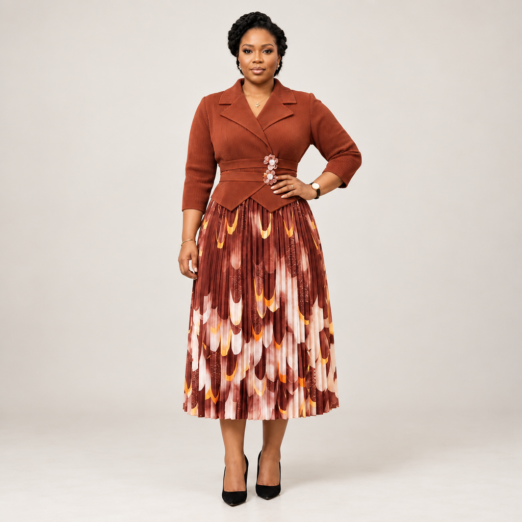 Black Nigerian model wearing a rust pleated gown with floral waist accents