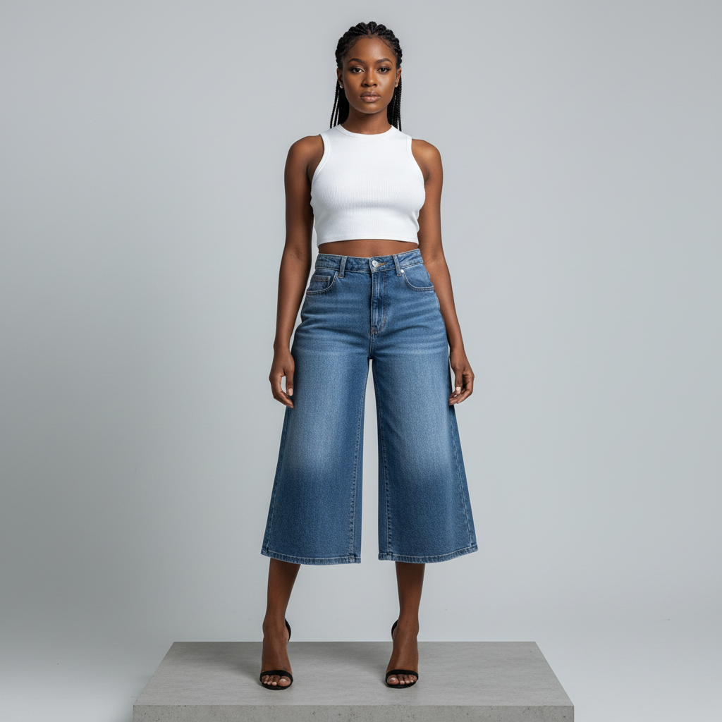 Blue Washed Wide-Leg Denim Culottes - Model Front