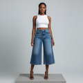 Blue Washed Wide-Leg Denim Culottes - Model Front
