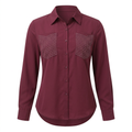 Burgundy collared blouse with sparkling chest motifs on an invisible mannequin against white
