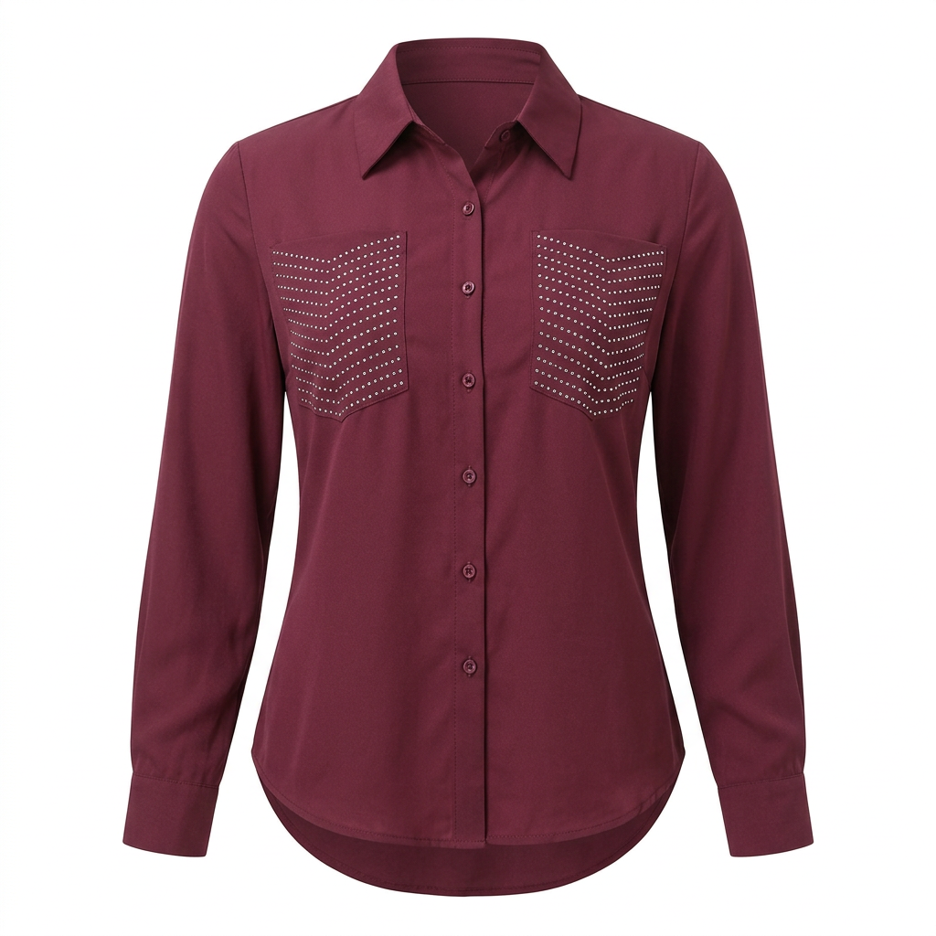 Burgundy collared blouse with sparkling chest motifs on an invisible mannequin against white
