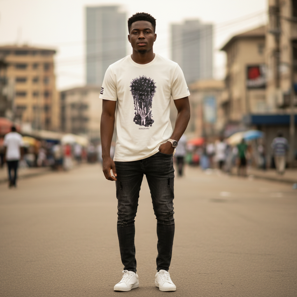 Cream Skeleton Ink Splatter Graphic Tee - Model Shot